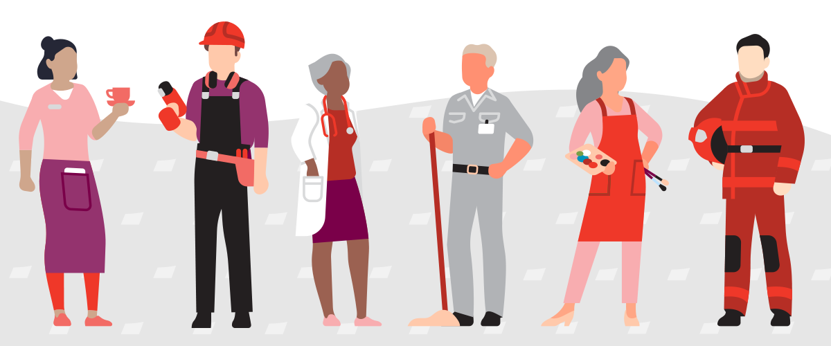 Illustration of several people in different uniforms depicting the lifetime of work people do to earn their social Security