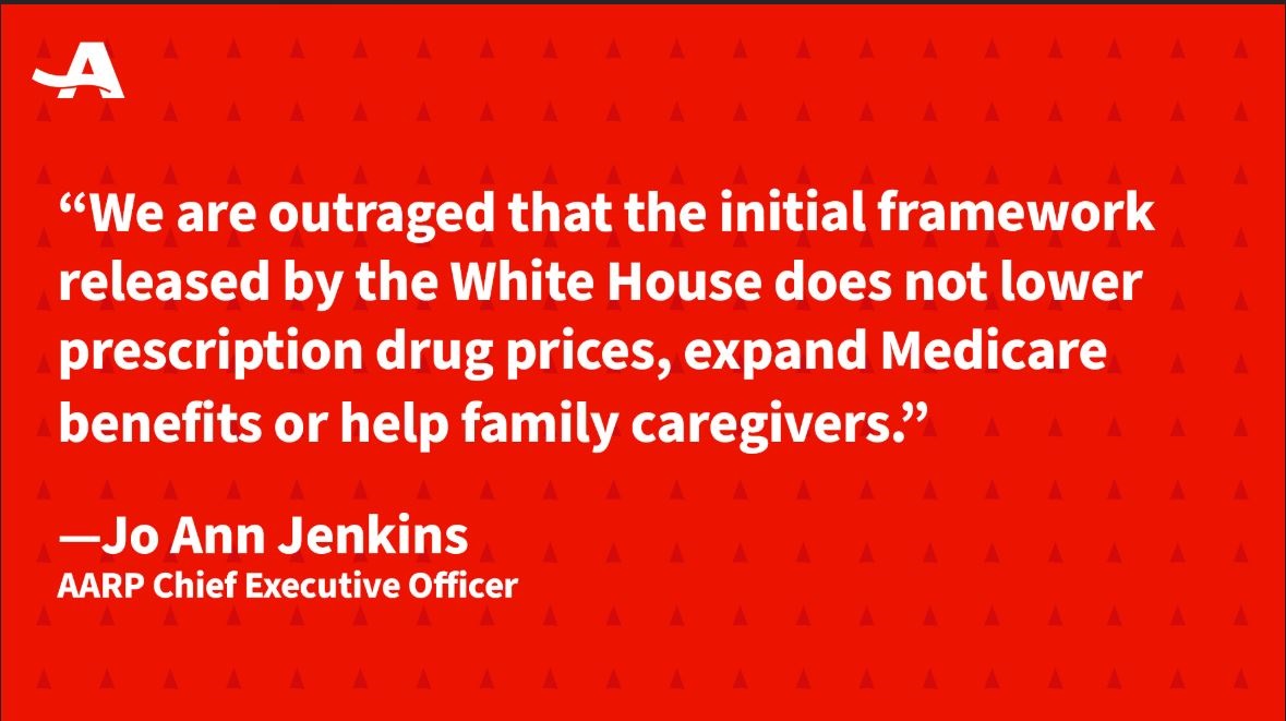 Graphic that says we are outraged that the initial framework released by the White House does not lower prescription drug costs.